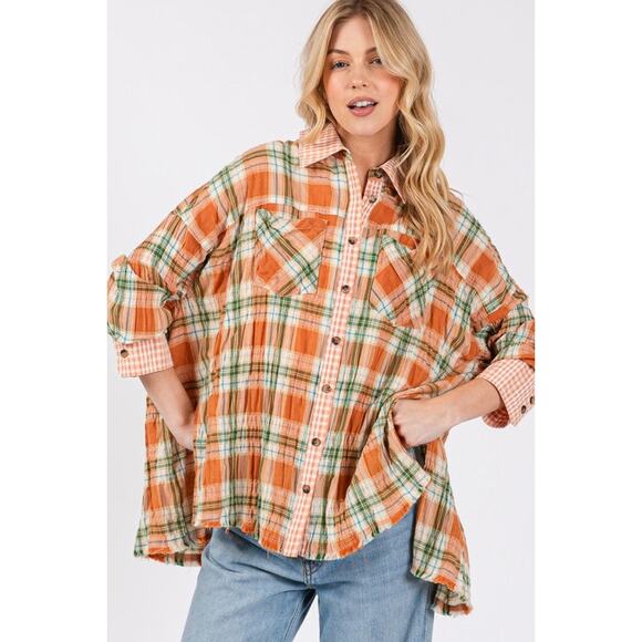 SAGE + FIG Side Slit Plaid Pattern Button Down Long Sleeves Shirt | Savanna - Picture 6 of 6